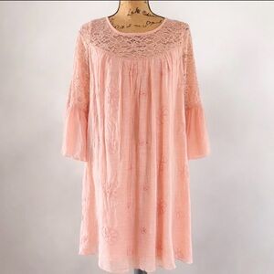 Kings Road Dusty Pink Floral Embroidered Lace Bell Sleeve Boho Dress